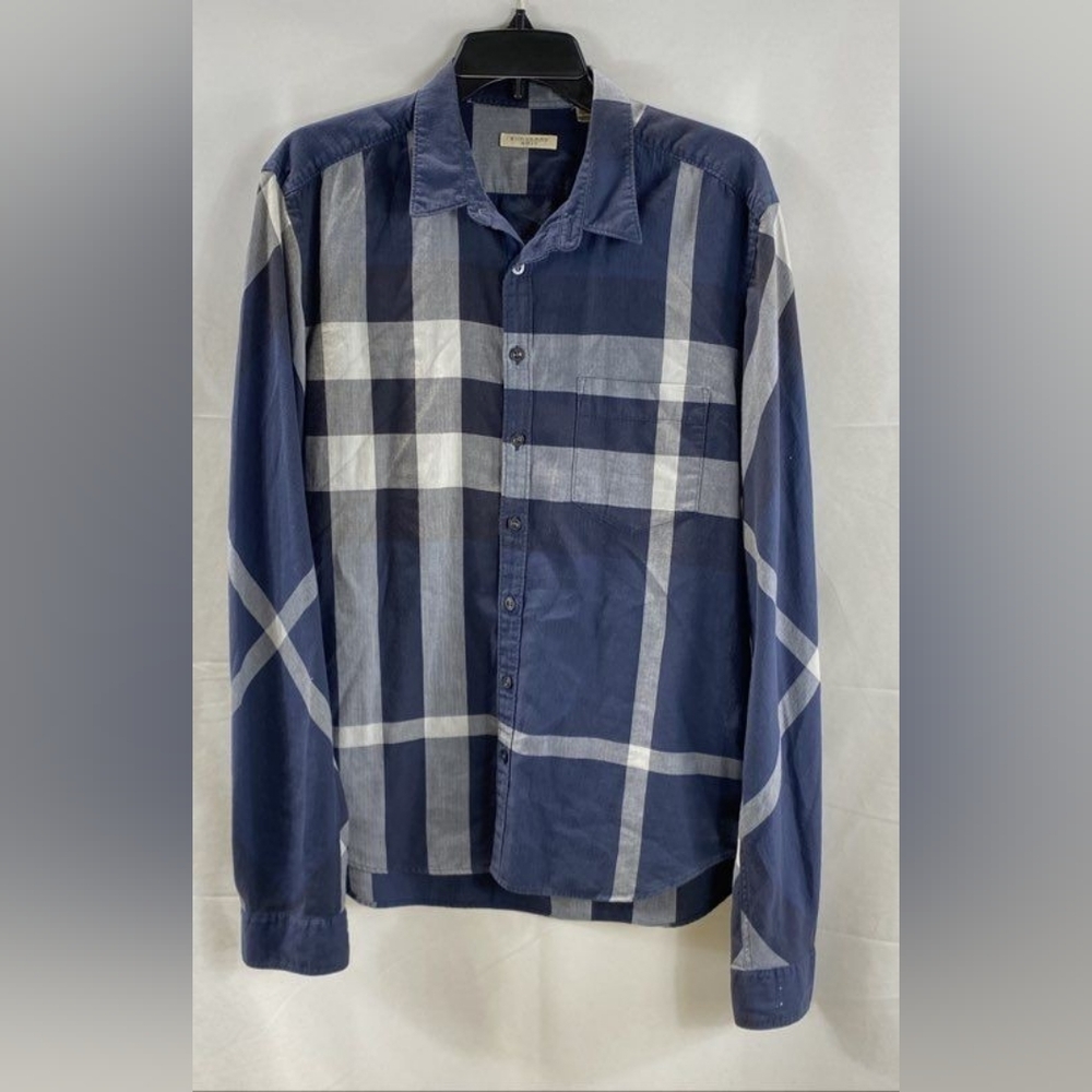 Burberry Brit Blue Nova Check Plaid Corduroy Collar Button Down Shirt Men L